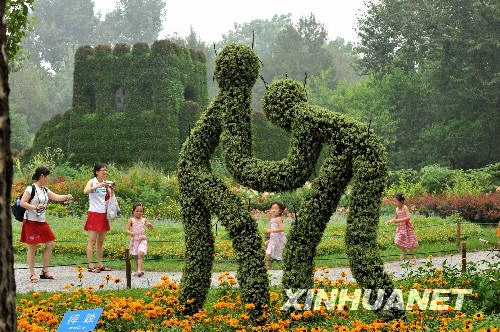 7月27日，人们在北京植物园举办的“五环连五洲”世界花卉展上参观游玩。